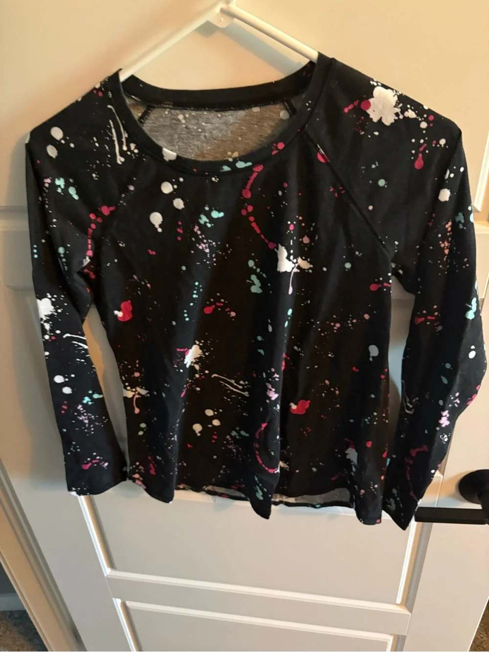 Justice Black Long Sleeve Tee with White, Pink & Aqua Paint Splatter